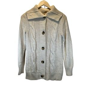 VTG Y2K Cable Knit Cardigan Sweater Womens Small Beige Fisherman Grandpa GH Bass